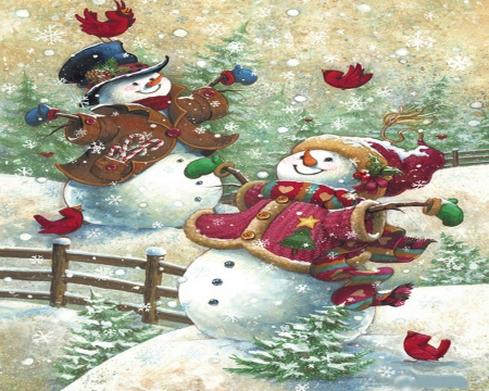 DECEMBER 10TH - snowwoman, snowman, puzzle, red, birds