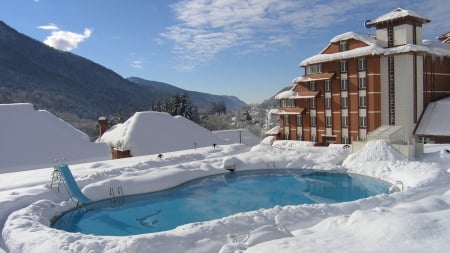 beautiful hotel pool in the middle of winter - hotel, winter, mountains, pool