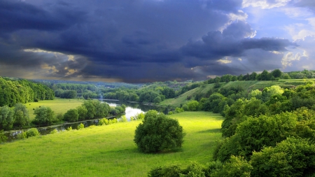 storm clouds over a river valley - storm, clouds, river, trees, grass