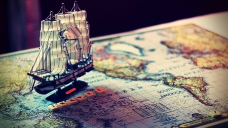 Travel Plans - map, sailboat, ship, boat, tall ship