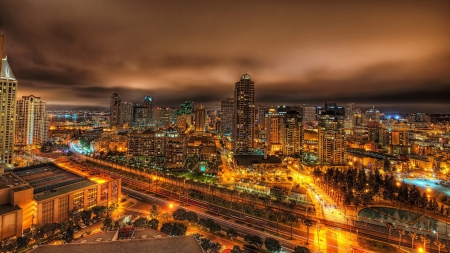 night view of san diego hdr - highways, night, city, hdr, skyscrapers, lights