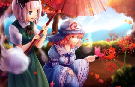 Gentle Stroll - sky, konpaku youmu, saigyouji yuyko, females, touhou, umbrella, clouds, green, flowers