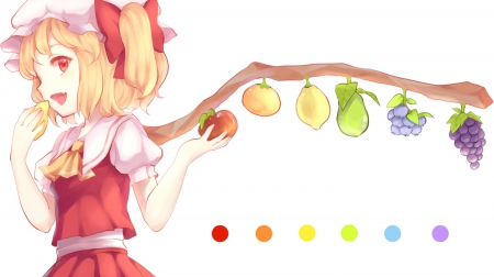 Flandre Scarlet Loves Fruit!! - apple, touhou, blueberries, blonde, anime, red eyes, flandre scarlet, lemon, grapes