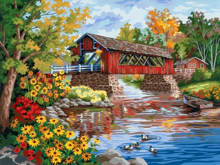 Country thoroughfare - summer, creek, boat, covered bridge, stream, flowers, countryside, shore, paradise, art, house, covered, trees, thoroughfare, stones, river, nature, autumn, cottages, ducks, country, bridge