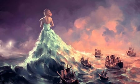 Lady of the Sea - boats, sunset, water, lady, waves, sea, art