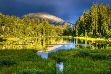 Natural beauty - calm, quiet, hills, creek, stream, grass, reflection, mountain, lake, nice, cloudy, sky, greenery, trees, beautiful, lovely, beayty, natural, glow, river, nature, serenity