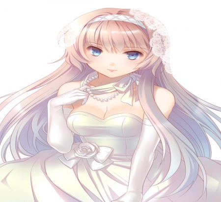 Bride - pretty, tie, anime, dress, blonde, long hair, fower, bride, beautiful, girl, beauty, lovely, love, sweet, white, cute, gloves