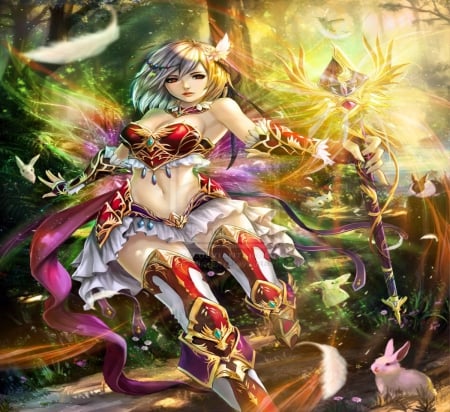 Sorcerer - beauty, trees, girl, magic, boots, lovely, sorcerer, forest, beautiful, anime, sweet, cute, short hair, sceptre, butterflies