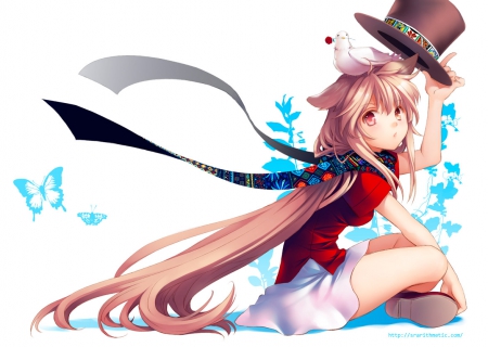 Cute Girl - hat, pretty, anime, blue, trick, beautiful, girl, blonde, beauty, long hair, sweet, white, red, butterfly, cute, plants