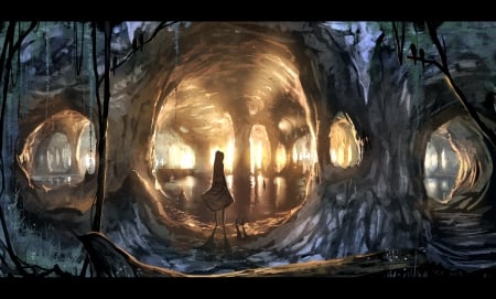 The Cave - stone, girl, light, water, nature, pretty, beautiful, anime, cave