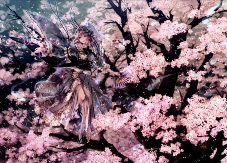 Touhou - beauty, cheery tree, girl, lovely, nature, pretty, pink, beautiful, anime, sweet, tree, cute, flower, dress