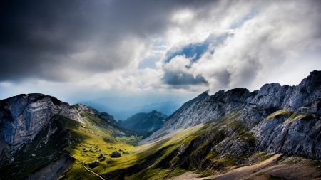 the beautiful swiss alps - mountains, valley, trail, clouds