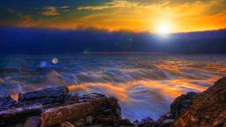 magnificent ocean view - clouds, shore, sunset, waves, sea, rocks