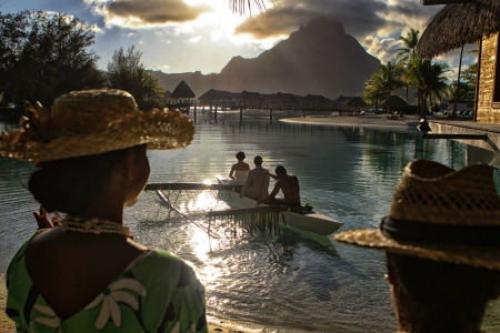 Sunset Bora Bora - beach, paradise, sunset, polynesia, bora bora, evening, lagoon, dusk, ocean, islands, tropical, exotic, twilight, island, canoe, south pacific, sea, tahiti