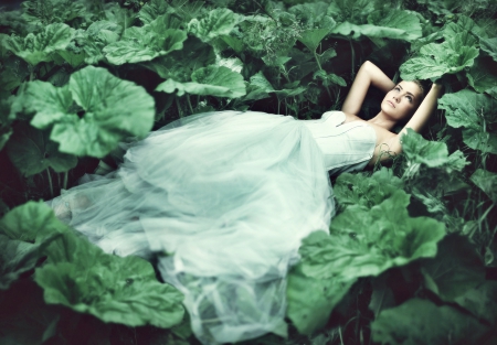 Serenity - calm, quiet, beautiful, serene, girl, peace, rest, white, green, model, plants, peaceful, foliage