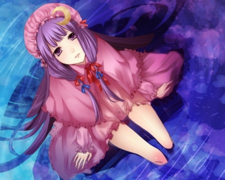 Patchouli Knowledge - moon, touhou project, dressbeauty, hat, female, water, purple hair, anime girl, satori komeiji, beautiful, pink dress, anime, purple eyes, dress