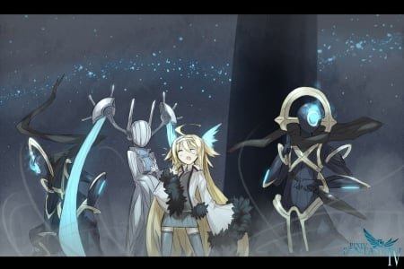 That was delicious - anime, female, warrior, blond hair, night, long hair, stars, armor, monster, male, weapon, sky, blue eyes, anime girl, kid, sword, cool, knight, wings