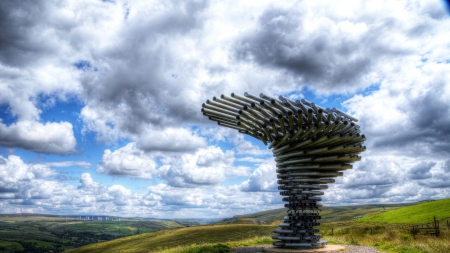 singing ringing tree in burnley england hdr - clouds, stature, modern, hdr, meadow, tree