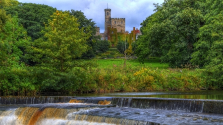 hornby castle by wenning river in lune valley england - river, forest, castle, falls