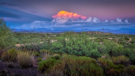 fabulous lightning strike in scottsdale arizona - clouds, desert, electric lines, bushes, lightning