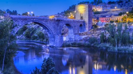 wonderful san martin's bridge in toledo spain hdr - hill, river, trees, town, hdr, dusk, bridge