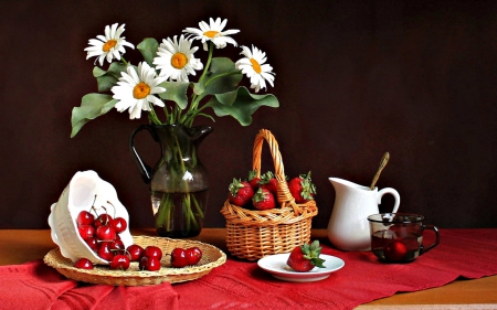 Still life - flowers, fruits, basket, still life