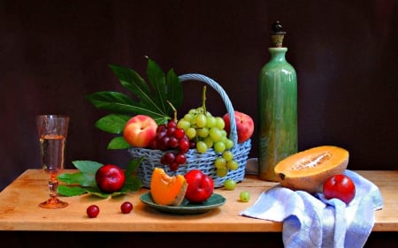 Still life - fruits, basket, food, still life, bottle, grapes