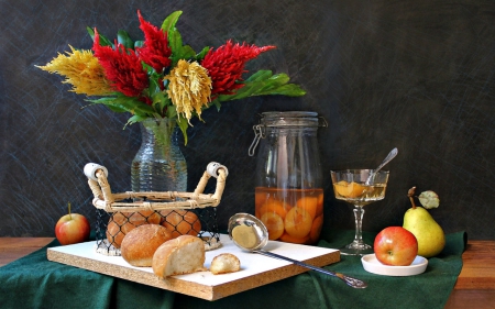 Still life - flowers, fruits, food, still life, bread