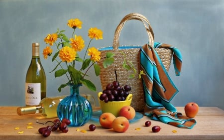 Still life - fruits, bag, food, wine, still life