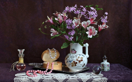 Still life - flowers, jewelry box, pearl, Still life