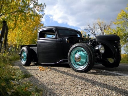 Hot Rod Truck - classic, black, aqua wheels, hotrod