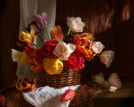 Still life - flowers, basket, still life, roses