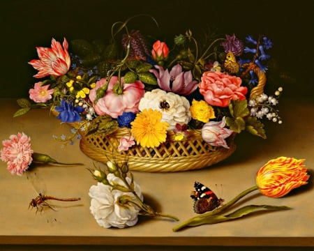 Still life - butterfly, dragonfly, petals, blooms, flowers, still life