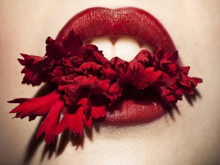 Red - women, face, teeth, red, flower