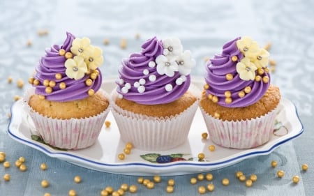 ❤ - cream, wedding bride, food, lovely, purple, cakes, muffins, dessert, trio, cupcakes