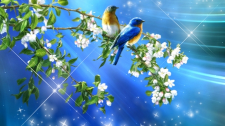 ~*~ Couple Birds ~*~ - blue, tree, flowers, cute, fantasy, birds