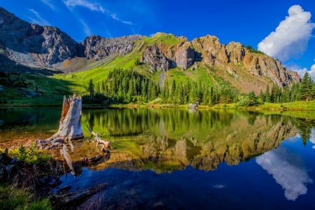 Mirror - nice, sky, trees, water, clear, mirrored, rocks, crystal, quiet, reflection, calmness, clouds, cliffs, lake, mountain, hills, landscape, shore, lovely, serenity, nature, mirror, blue, tranquil, beautiful