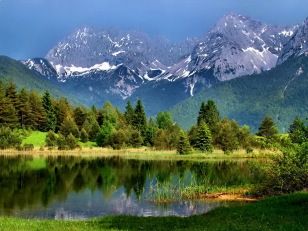 Landscape with mountain and lake - quiet, scenery, landscape, grass, reflection, crystal, mountain, calmness, shore, cliffs, lake, nice, sky, clouds, greenery, trees, beautiful, mirrored, slope, lovely, peaks, river, nature, clear, serenity