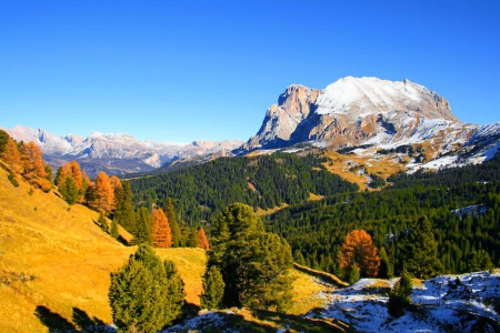 Autumn mountain slope - nice, valley, slope, autumn, sky, trees, view, fall, golden, sunny, snowy, falling, mountain, peaks, lovely, nature, beautiful, snow