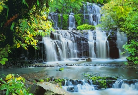 Forest water cascades - falling, forest, rocks, beautiful, quiet, leaves, nature, cascades, stream, fall, greenery, water, waterfall, stones, branches, serenity, nice, lovely, trees, calm