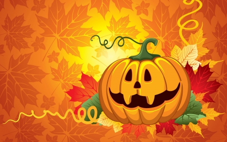 Happy Halloween - beautiful, pumpkin, orange, leaves, fall, holiday, autumn, halloween, smiling, foliage