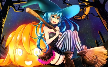 Halloween girl - nice, pumpkin, girl, hat, lovely, halloween, beautiful, broom, holiday, happy