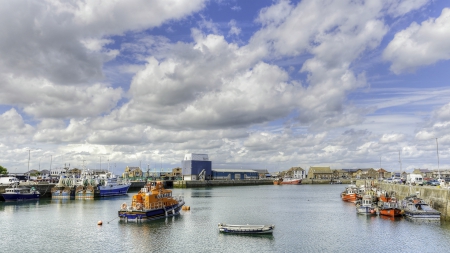 boats in howth harbor in dublin ireland - boats, clouds, harbor, city, docks