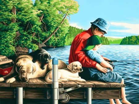 Memories - summer, coast, fishing, forest, nostalgia, reflection, child, grandfather, memories, boy, shore, dogs, lake, friends, nice, grandson, art, story, kid, trees, beautiful, puppies, lovely, dock, pier, river, nature, painting, remember