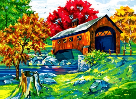 Covered bridge - nice, autumn, trees, peaceful, stream, creek, foliage, painting, fall, art, quiet, calmness, river, grass, bridge, falling, lovely, serenity, nature, covered, beautiful, leaves, colors