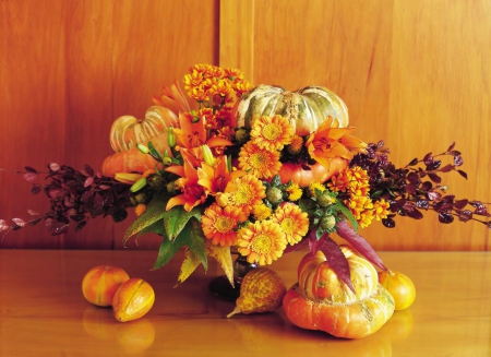 Seasonal Still Life - pumpkins, fall, autumn, leaves, flowers