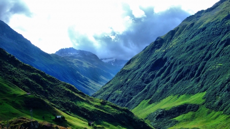 green valley in beautiful swiss mountains - green, mountains, valley, clouds