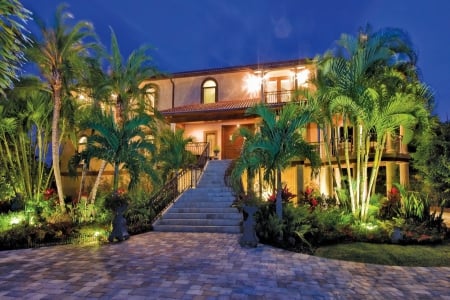 Palm Garden - villa, plants, evening, light, stairs