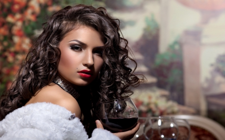 Woman with Wine - beauty, wine, brunette, woman