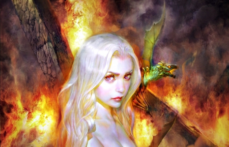 Fantasy girl - animal, game, blonde, yellow, girl, fire, wings, fantasy, orange, dragon, woman, green